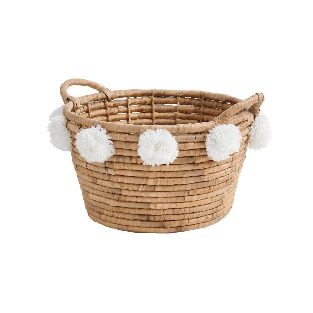 StyleWell Oval Natural Water Hyacinth Decorative Basket with White Pompom Balls