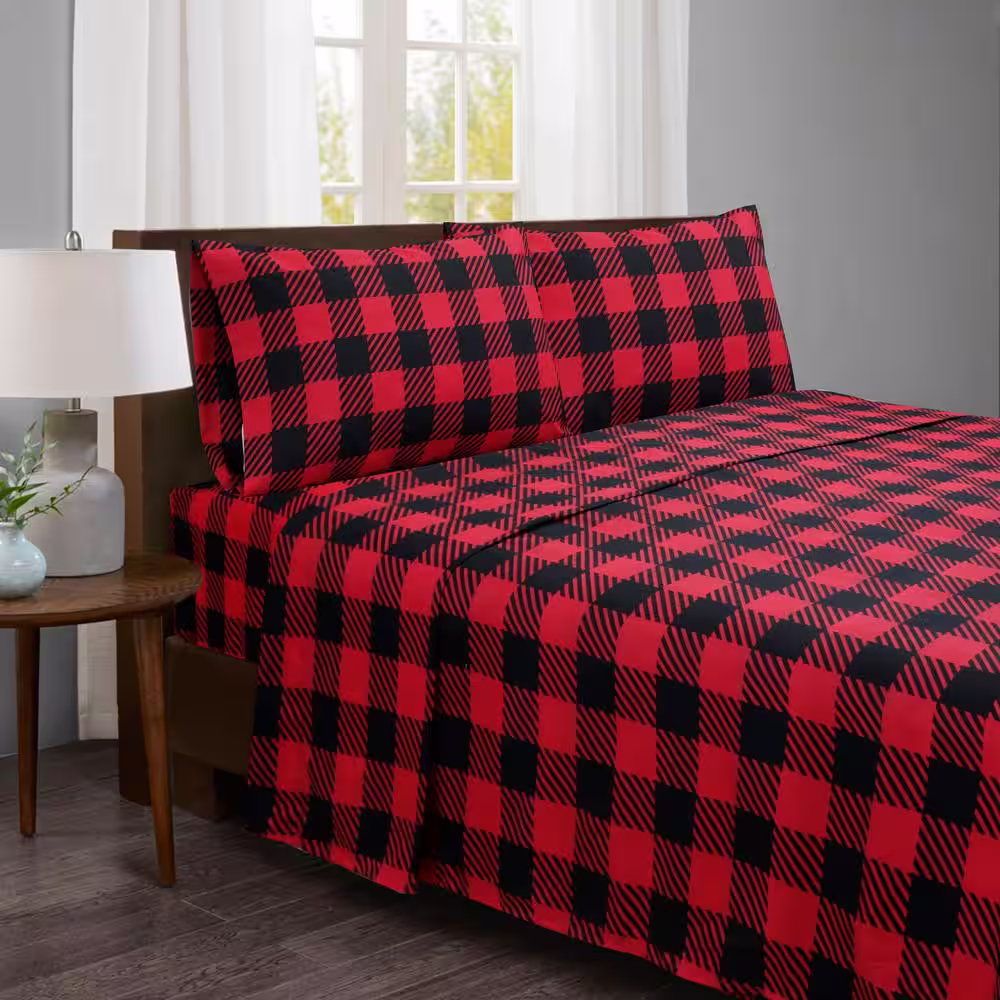 Harper Lane Ebony Plaid 2-Piece Red Microfiber Standard Pillowcase Pair