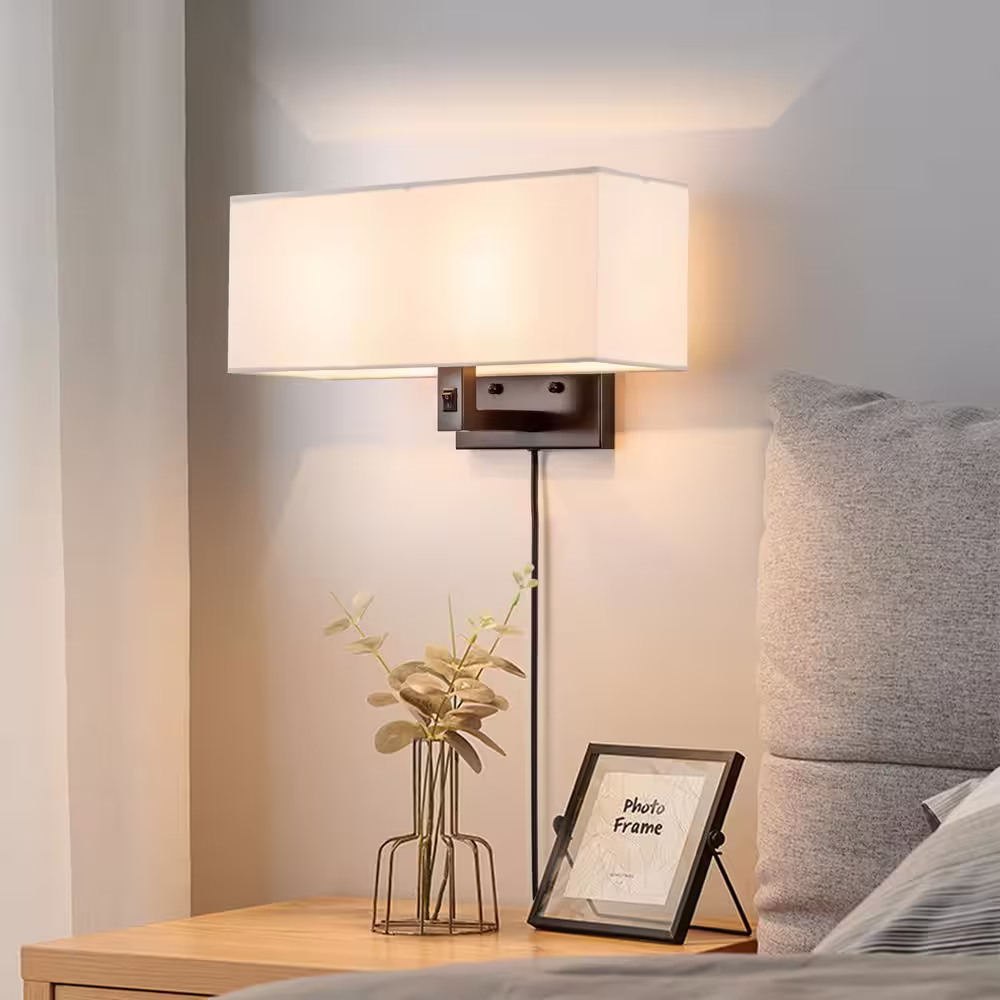 None 2-Light Oil-Rubbed Bronze Finish Hardwired and Plug in Wall Sconce with Linen Shade