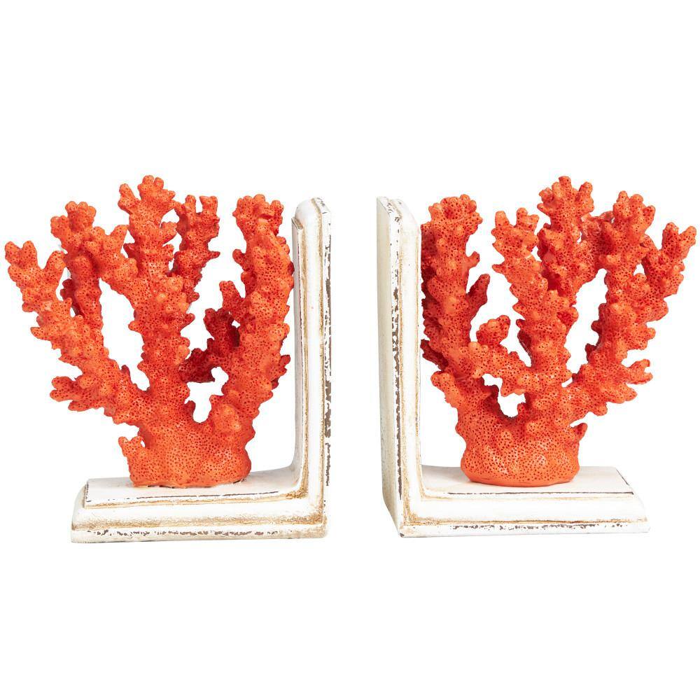 Litton Lane Orange Polystone Textured Coral Bookends with Cream Base (Set of 2)