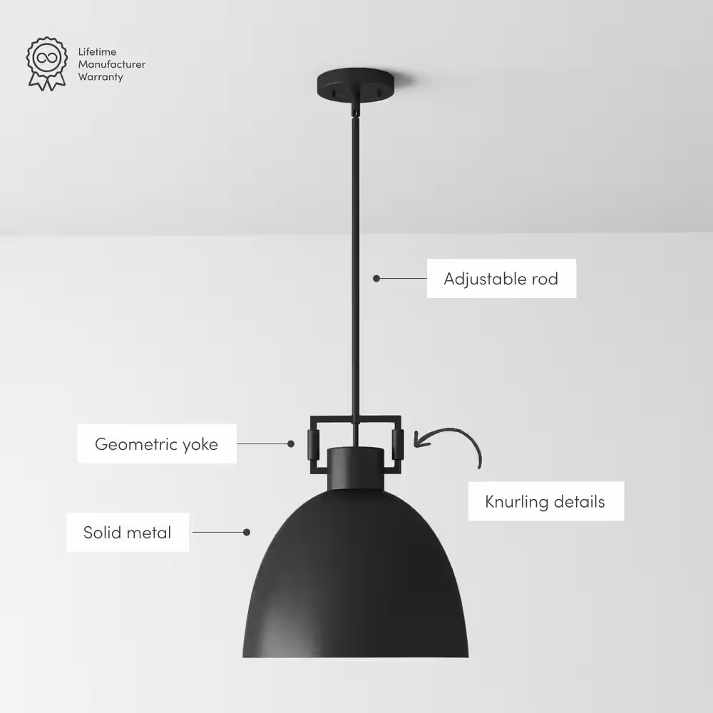 Nathan James Leigh 48 in. Pendant Lighting Hanging Ceiling Light with Oversized Metal Shade and Adjustable Cord, Matte Black