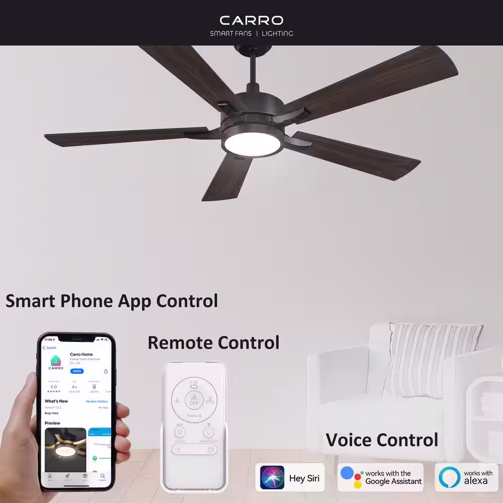 CARRO Apex 56 in. Dimmable LED Indoor/Outdoor Black Smart Ceiling Fan, with Light and Remote, Works with Alexa/Google Home