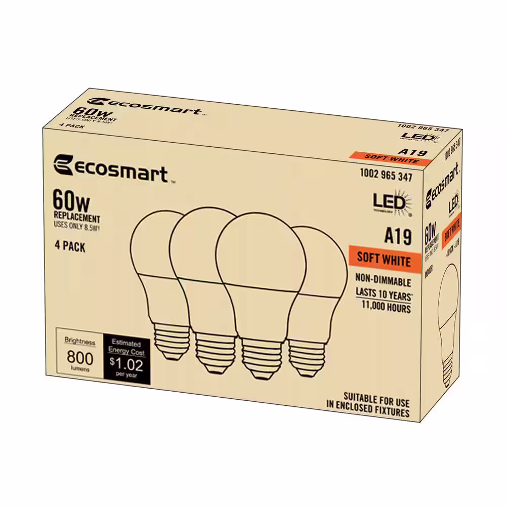 EcoSmart 60-Watt Equivalent A19 Non-Dimmable CEC LED Light Bulb Soft White (4-Pack)