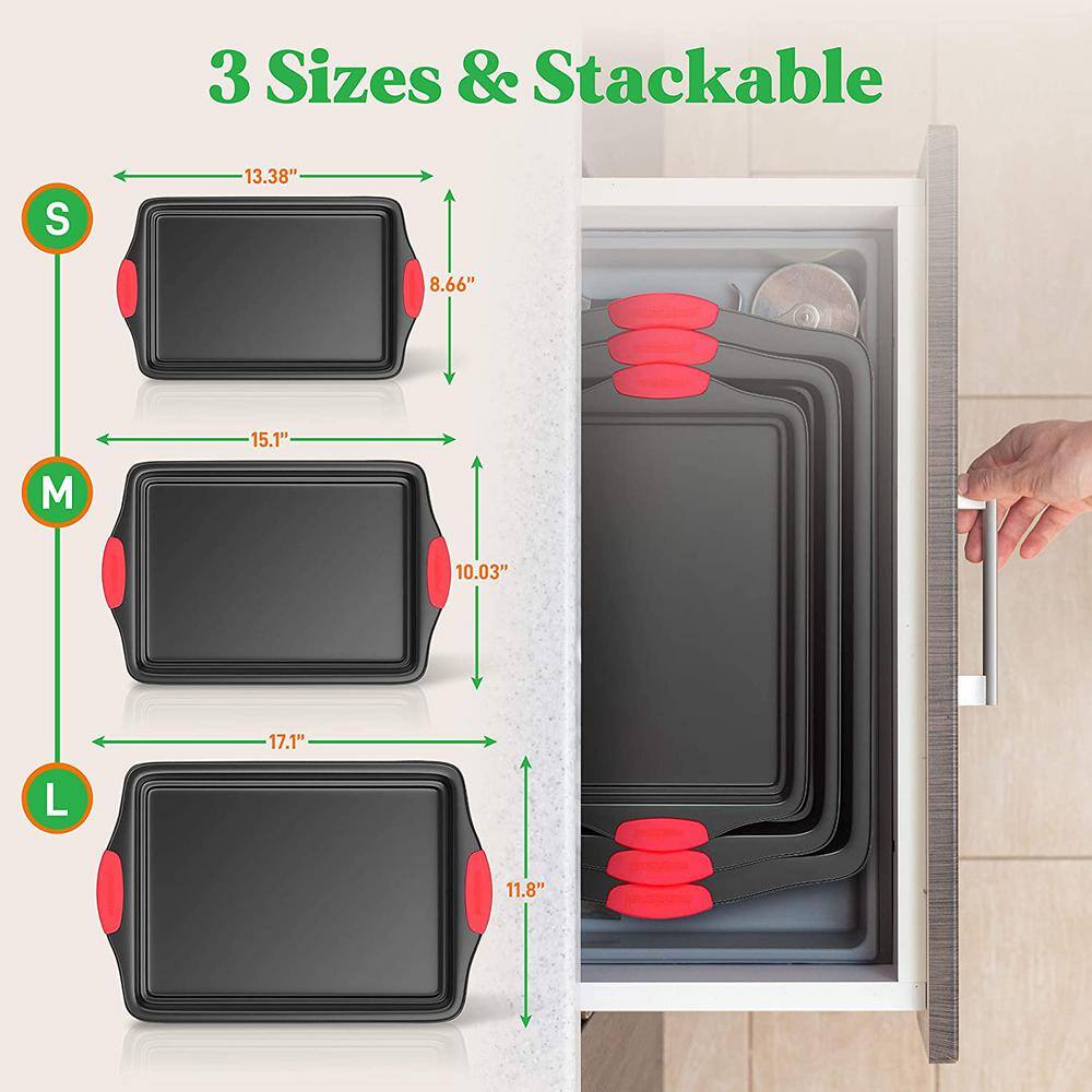 NutriChef Deluxe Non-Stick 3-Piece Carbon Steel Design with Red Silicone Handles Oven Bakeware Set