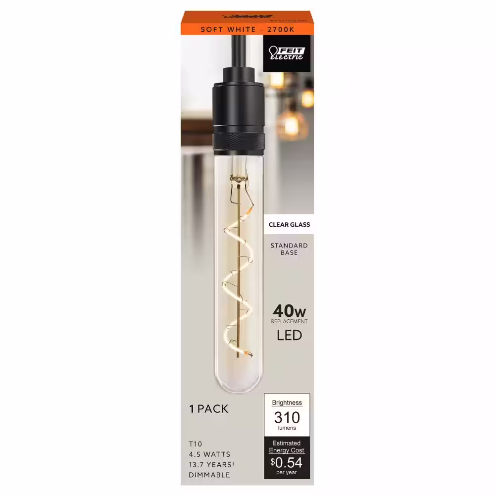 Feit Electric 40-Watt Equivalent T10 Dimmable Spiral Filament Large Clear Glass E26 Vintage Edison LED Light Bulb, Soft White (4-Pack)