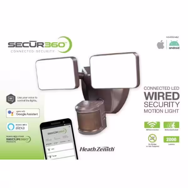 SECUR360 2000 Lumens LED Motion Sensor Wi-Fi Connected Voice Activated Wired Twin Head  Bronze Outdoor Security Flood Light