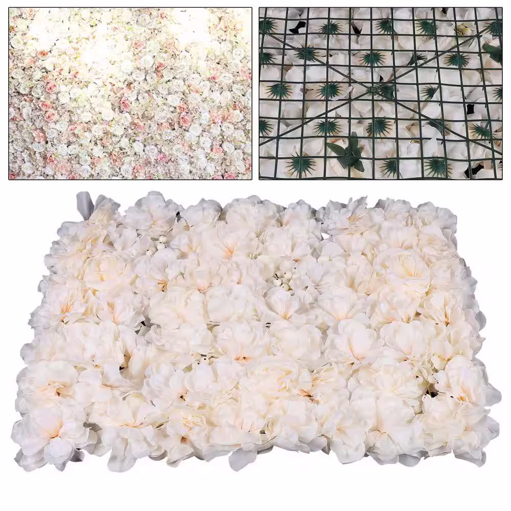 None Light Champagne 23.6 in. x 15.7 in. Artificial Floral Wall Panel Silk Rose Backdrop Decor (6-Pieces)