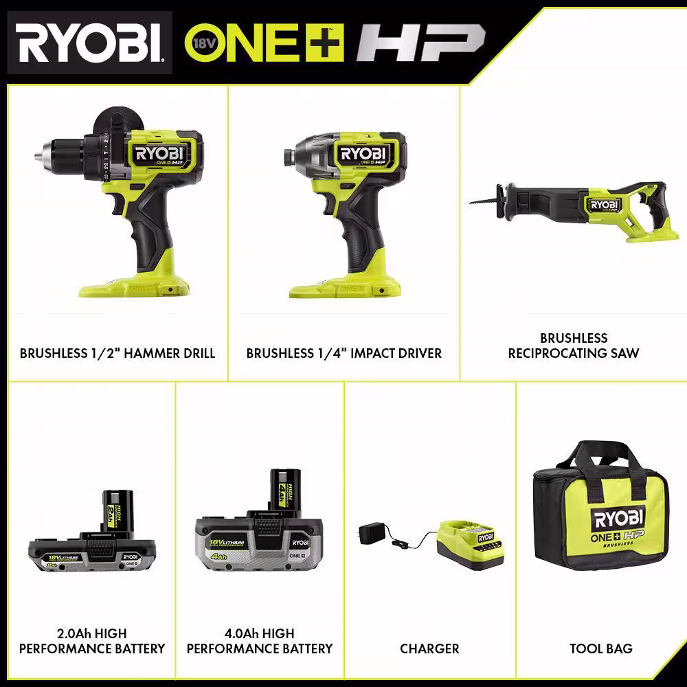 RYOBI ONE+ HP 18V Brushless Cordless 3-Tool Combo Kit w/Hammer Drill, Impact Driver, Recip Saw, Batteries, Charger, and Bag