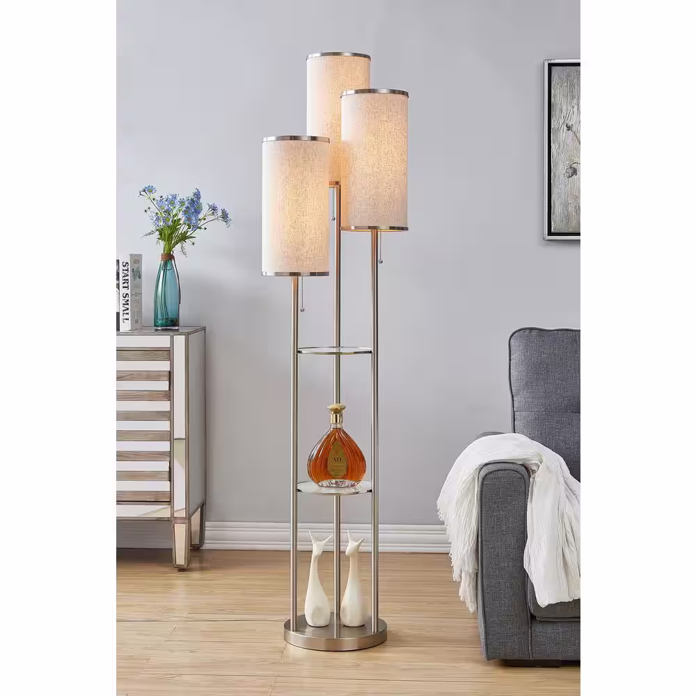 ARTIVA Eleanor 66 in. 3-Light Brushed Nickel LED Shelf Floor Lamp