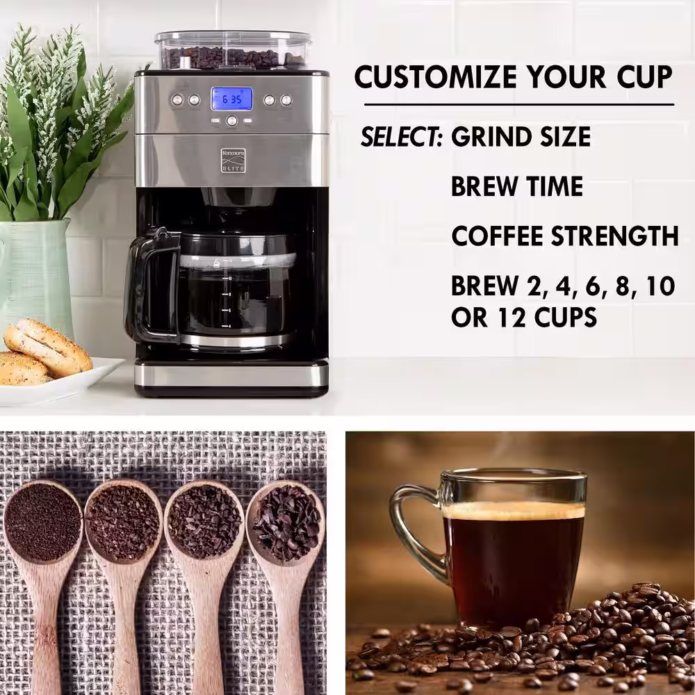 KENMORE Elite Grind and Brew black 12- Cup Coffee Maker with Burr Grinder, Programmable Automatic Timer Brew