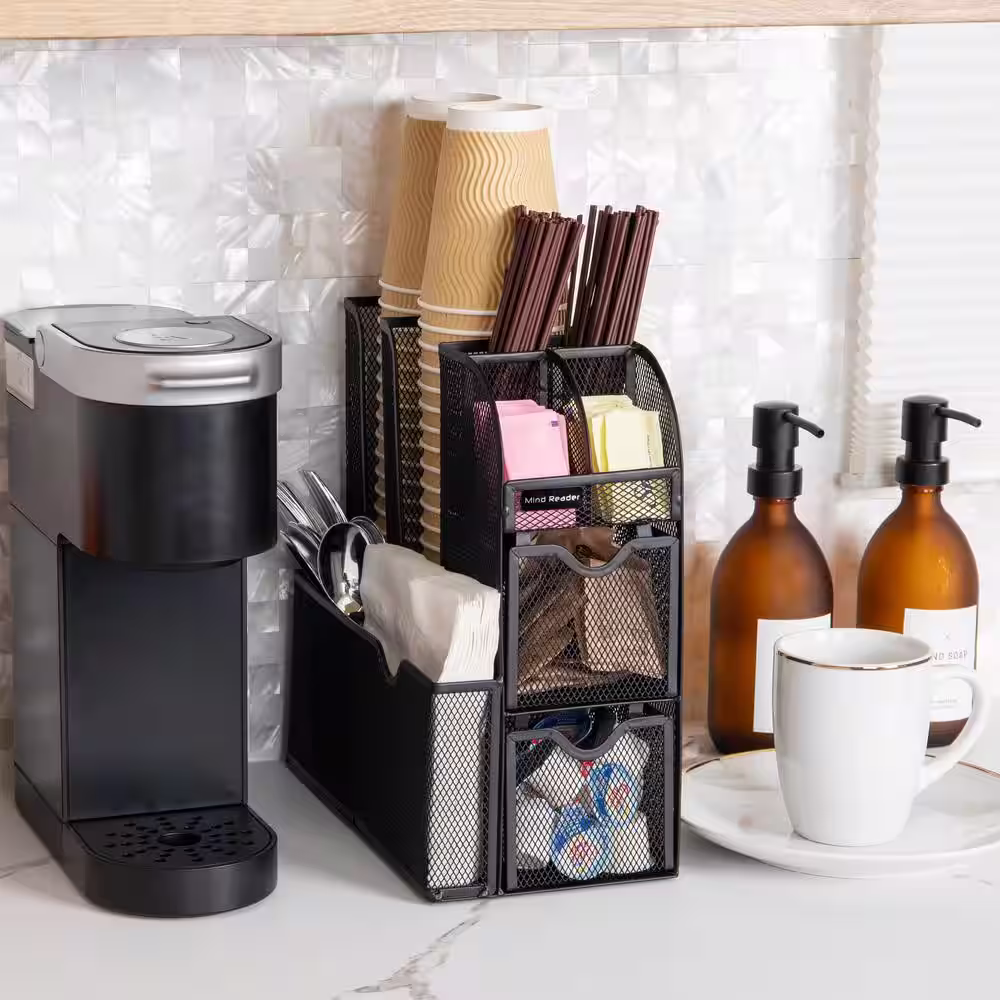 Mind Reader Black Metal Mesh Coffee Condiment Organizer with 2 Storage Drawers