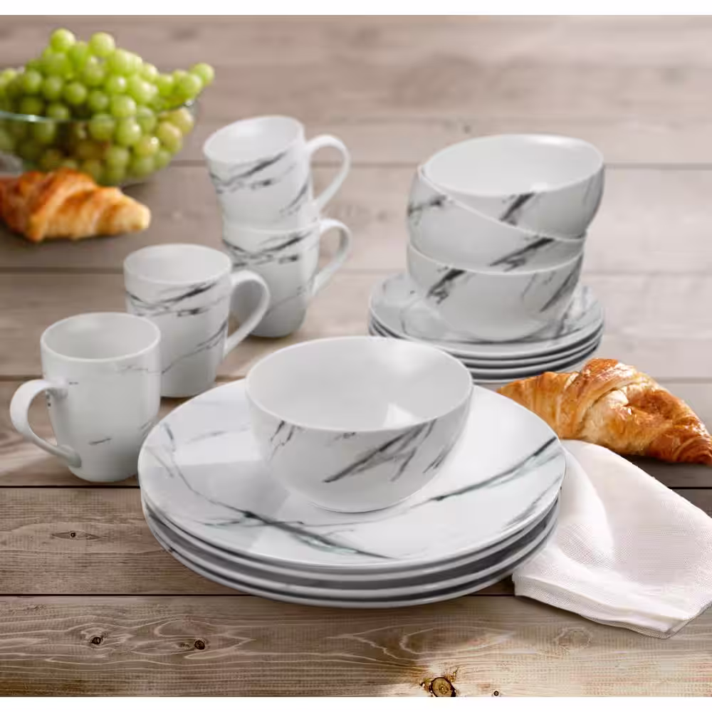 American Atelier Marble 16-Piece Contemporary Black and White Porcelain Dinnerware Set (Service for 4)