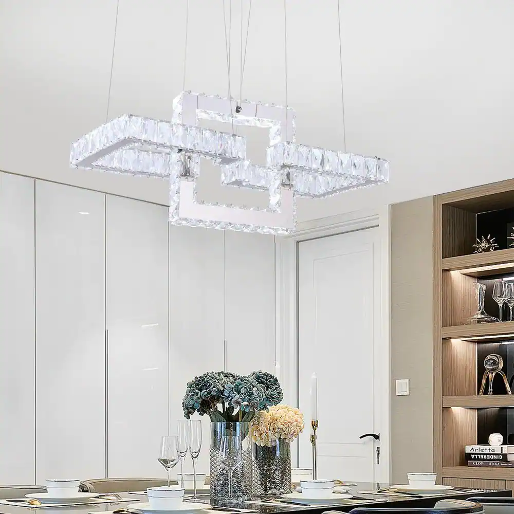 Maxax Jefferson 3- Light Clear/Chrome Unique Geometric Integrated LED Chandelier with Crystal Accents