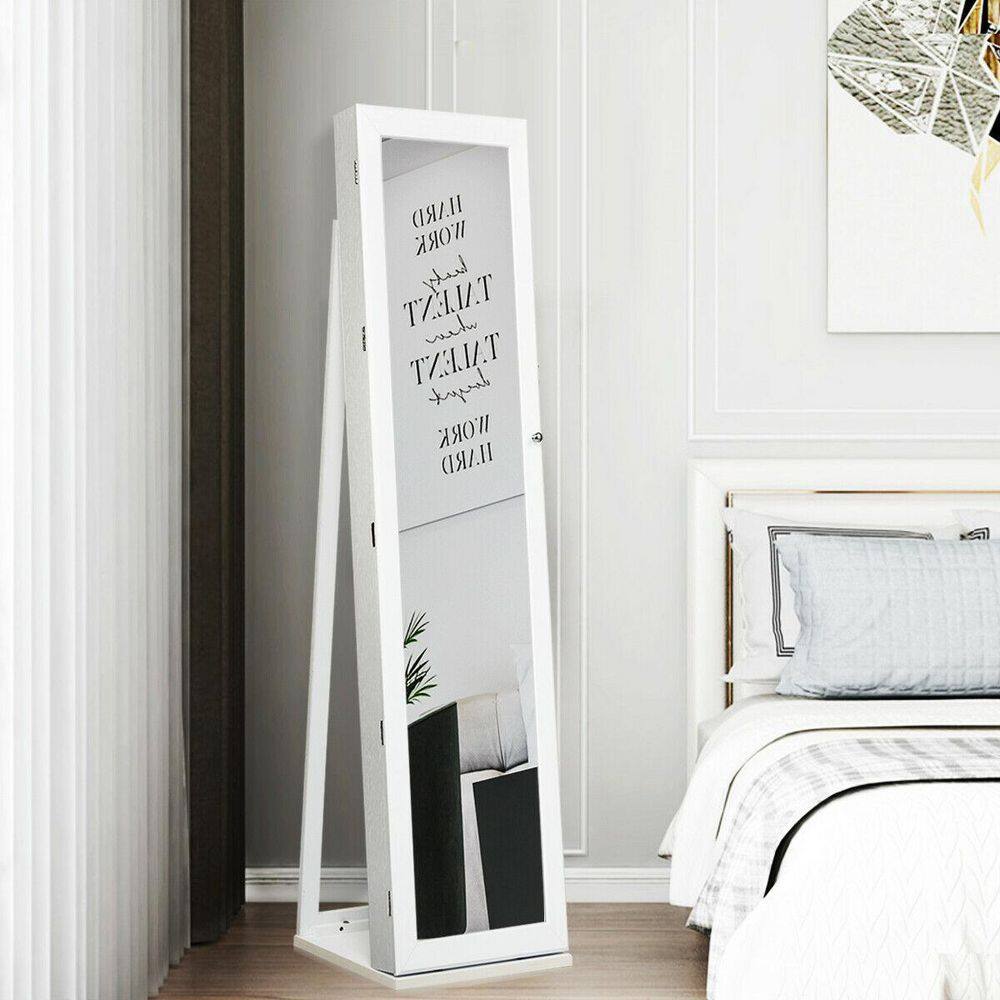 ANGELES HOME White Wood Standing Lockable Jewelry Storage Organizer with Full-Length Mirror