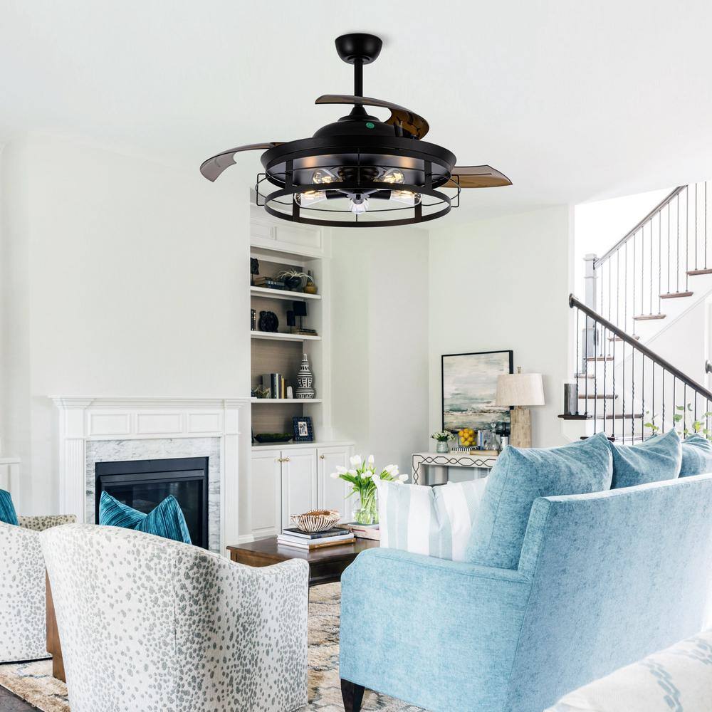 Parrot Uncle 52 in. Indoor Black Modern Industrial Retractable Ceiling Fan with Light Kit and Remote Control, AC Motor