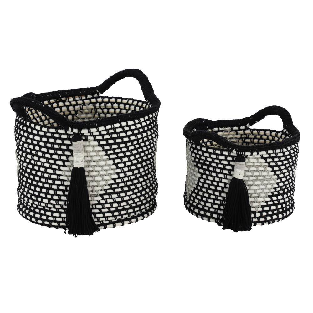 Litton Lane Large Round Black and White Cotton Rope Baskets with Diamond Design and Decorative Tassels (Set of 2)