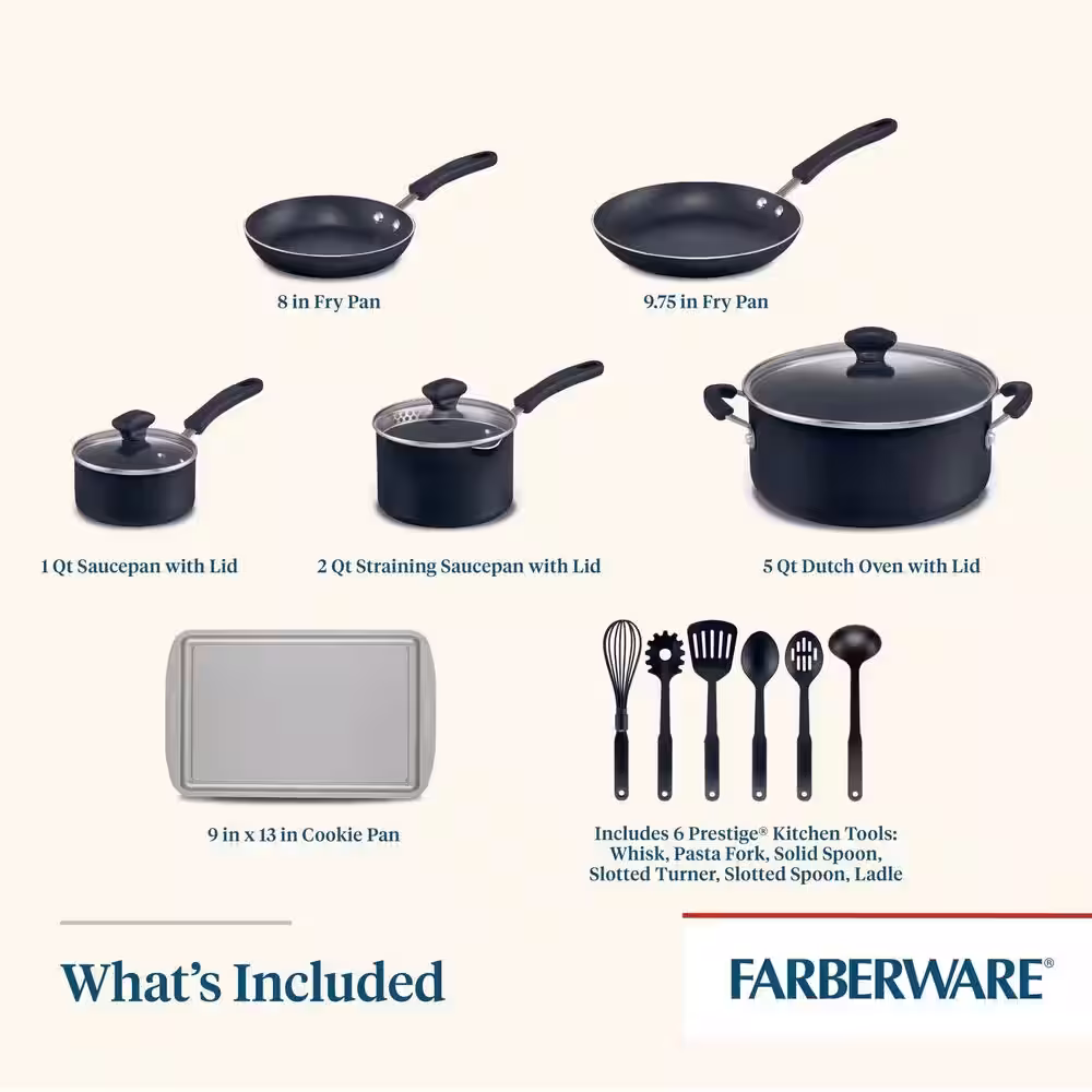 Farberware Cookstart 15-Piece Aluminum Nonstick Cookware Set in Black