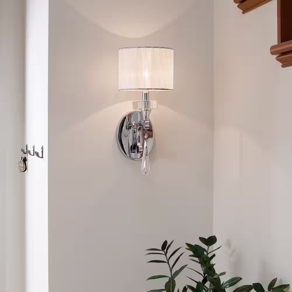 KICHLER Parker Point 1-Light Chrome Bathroom Indoor Wall Sconce Light with Optical Crystal Accents and Organza Fabric