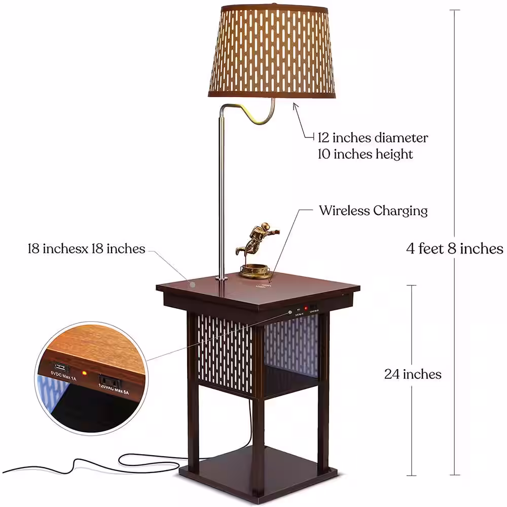 Brightech Madison 56 in. Havana Brown LED Skinny Bedside Table Lamp with Wireless Charging