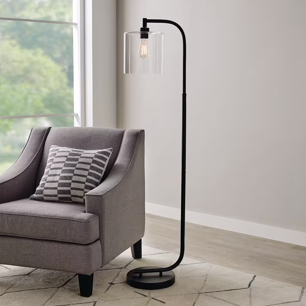 Hampton Bay Cline 62.5 in. 1-Light Black Floor Lamp with Clear Glass Lamp Shade - Title 20 Certified