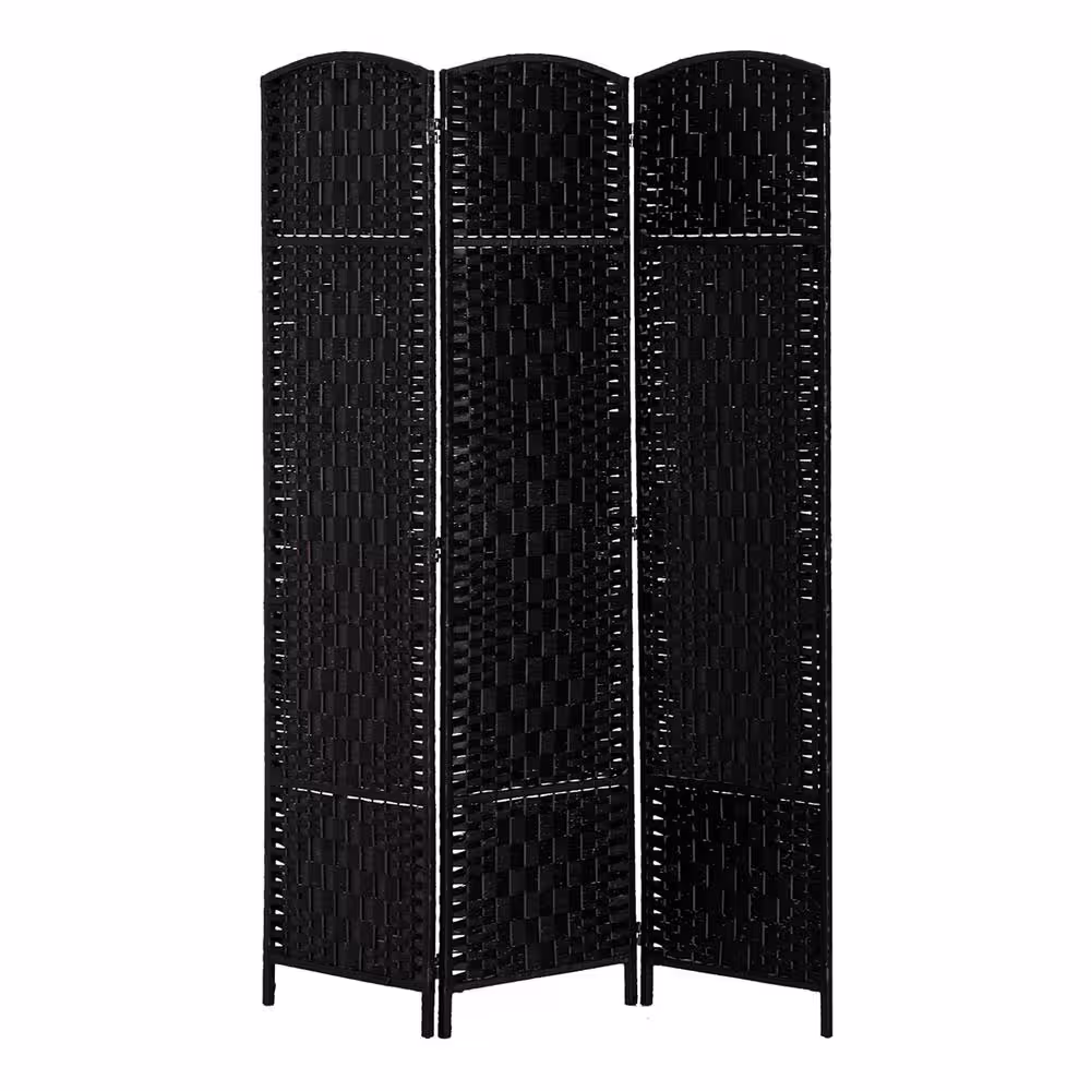 HOMCOM 6 in. Tall Black Wood Wicker Weave 3-Panel Room Divider Privacy Screen