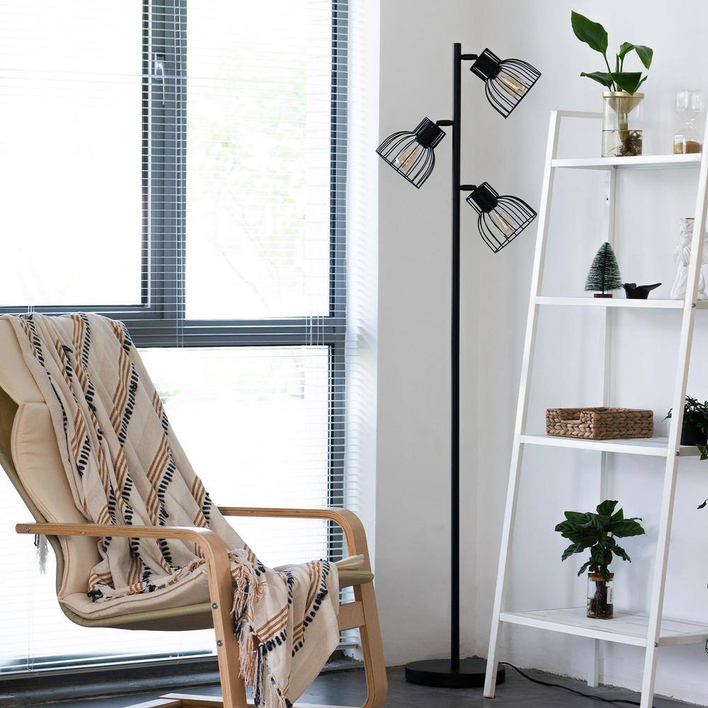 Merra 66 in. 3-Light Black Industrial Floor Lamp with Adjustable Shades