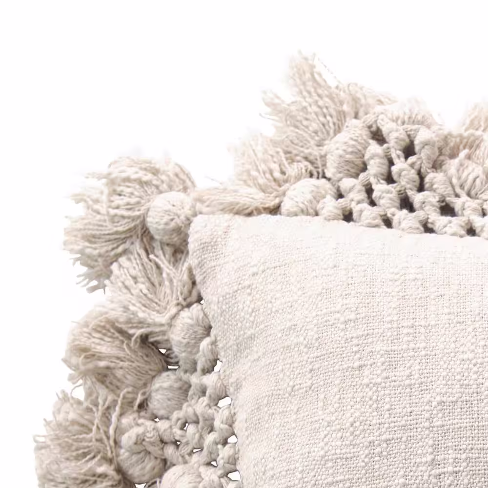 Storied Home 18 in. x 18 in. Cream Square Crochet and Tassels Cotton Slub Pillow
