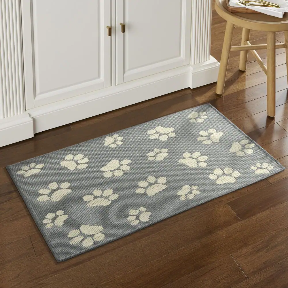 Home Dynamix Comfy Pooch Gray/Tan Paw 23.6 in. x 35.4 in. Machine Washable Kitchen Mat