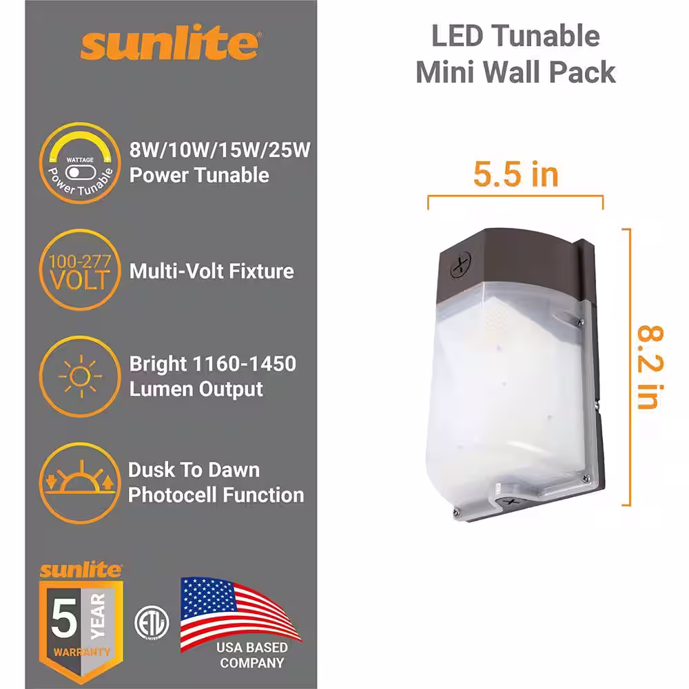 Sunlite 35-Watt/50-Watt/70-Watt/100-Watt Equivalent Integrated LED Bronze Dimmable Photocell Wall Pack Light, CCT 30K, 40K, 50K