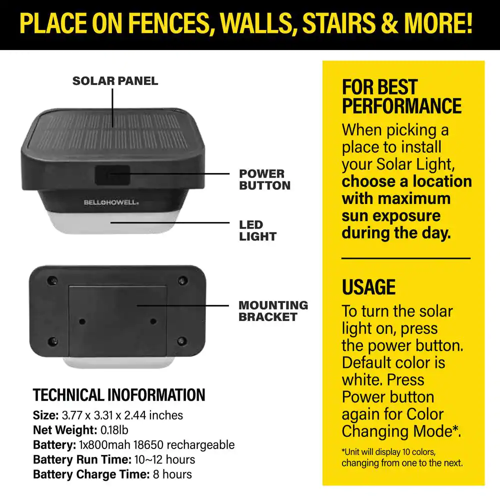 Bell + Howell Solar Powered Fence Lights 0.2-Watt Equivalent Integrated LED Black Outdoor Path Light Wall Pack Light (4-Pack)