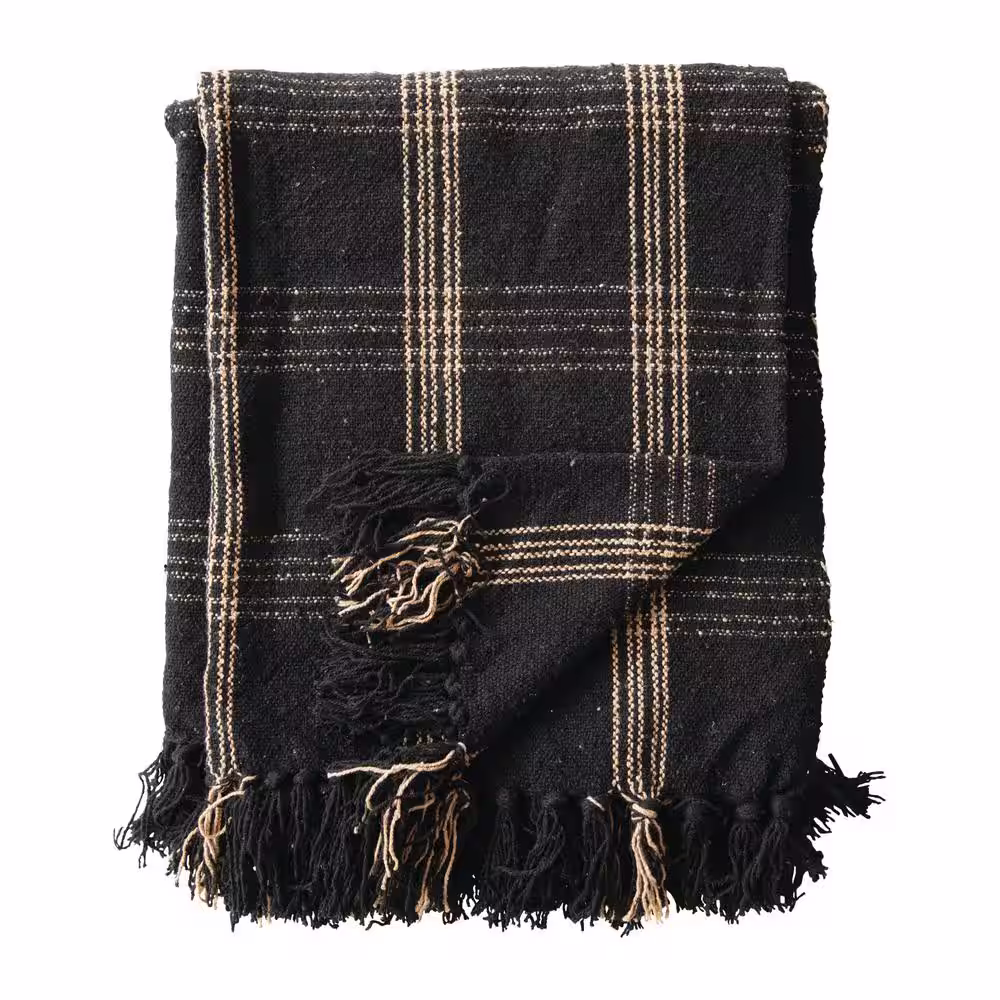 Storied Home Plaid Black and Tan Fringed Woven Cotton Blend Throw