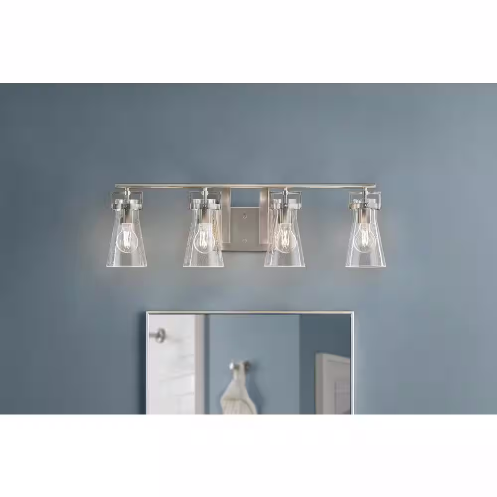 Home Decorators Collection Clermont 30.75 in. 4-Light Brushed Nickel Bathroom Vanity Light with Seeded Glass Shade
