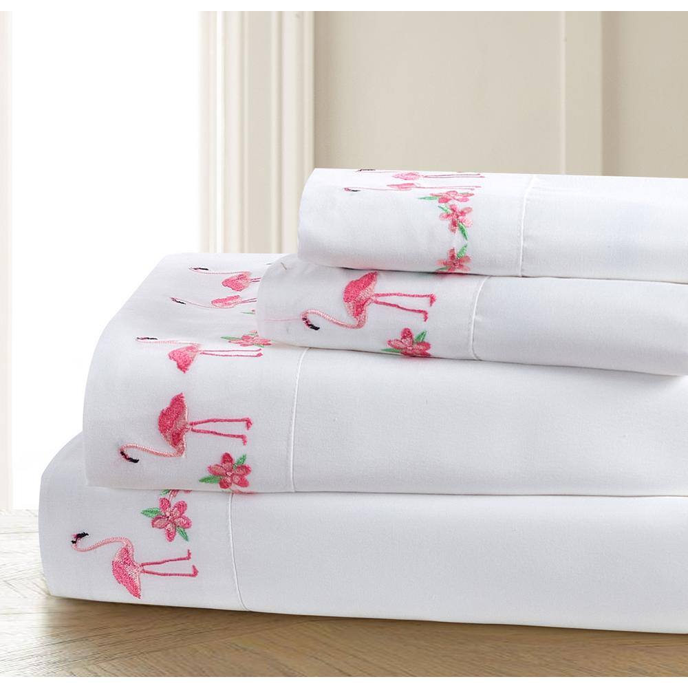 Harper Lane Flamingo Parade Embroidered 4-Piece Microfiber Full Sheet Set
