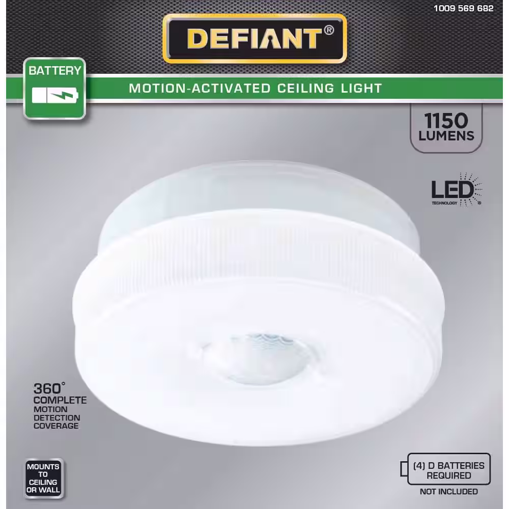 Defiant 360-Degree White Motion Activated Battery Powered Indoor/Outdoor 1-Head Dusk to Dawn LED Ceiling Light 1150 Lumen