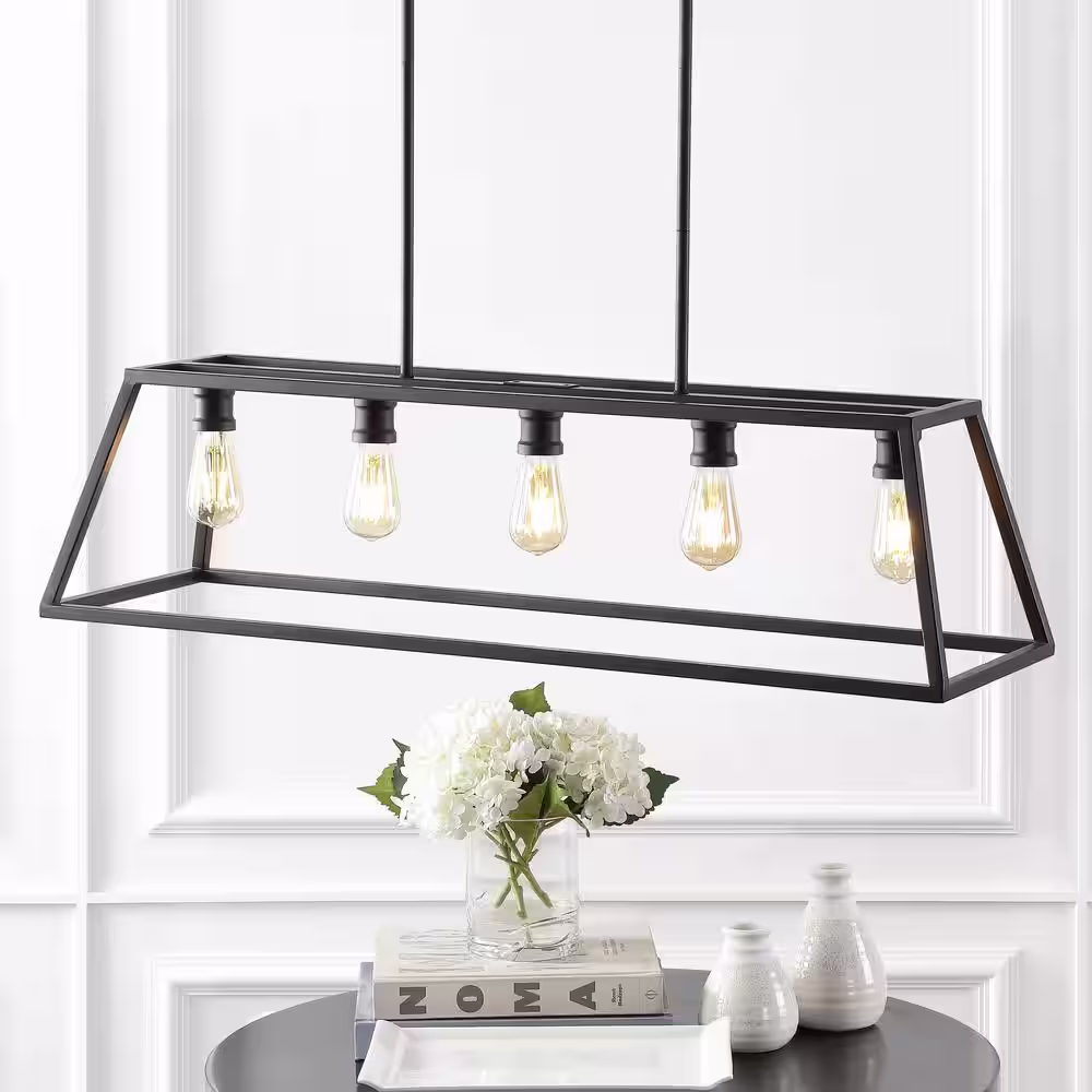 JONATHAN Y Floyd 38 in. 5-Light Adjustable Iron Farmhouse Vintage LED Dimmable Pendant, Oil Rubbed Bronze