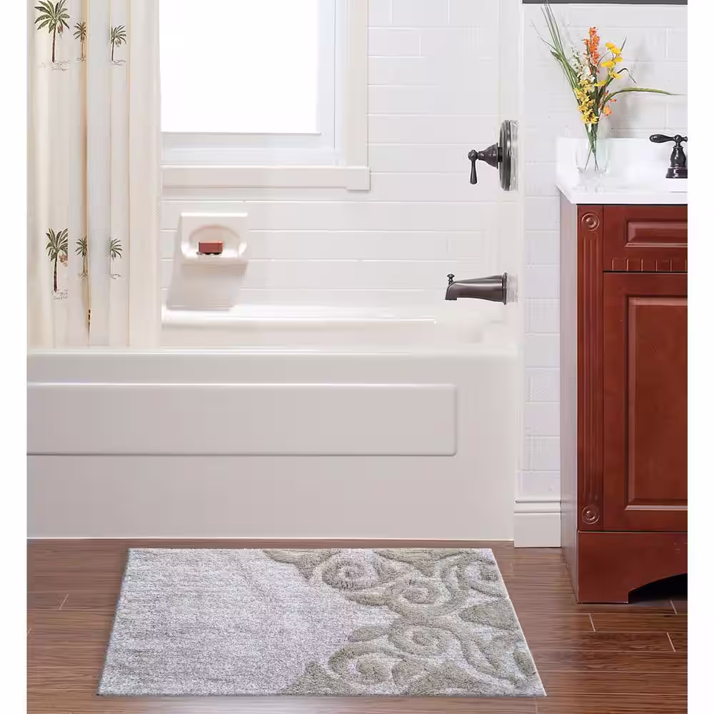 Vibhsa 20 in. x 32 in. Beige and Ivory Damask Pattern Bath Rug