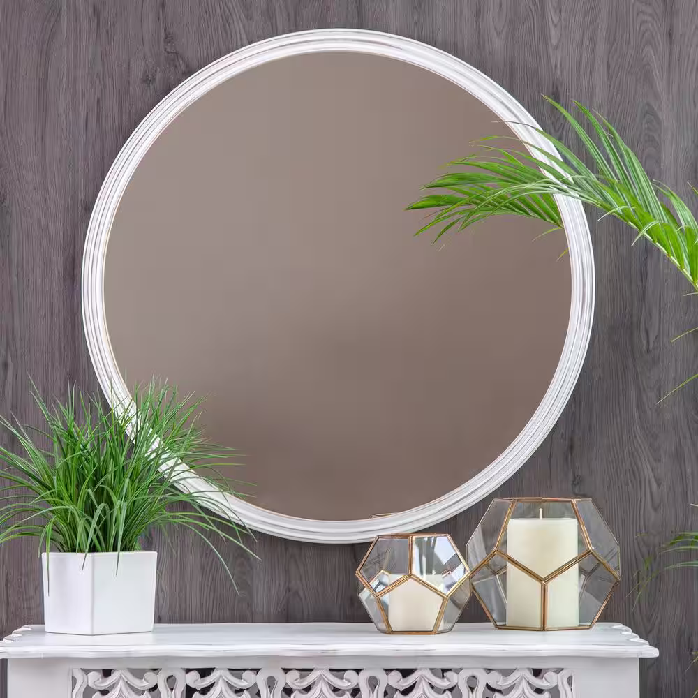 Habitat 30 in. x 30 in. Farmhouse Round Carved Framed White Accent Mirror