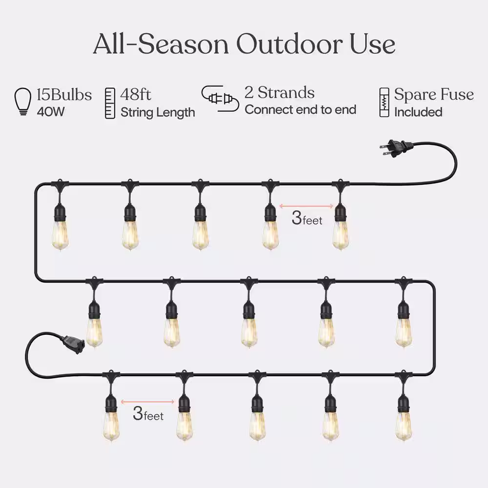Brightech Ambience Pro 15-Light 48 ft. Outdoor Plug-in 40W Incandescent ST64 Hanging Vintage Edison Bulb String-Light