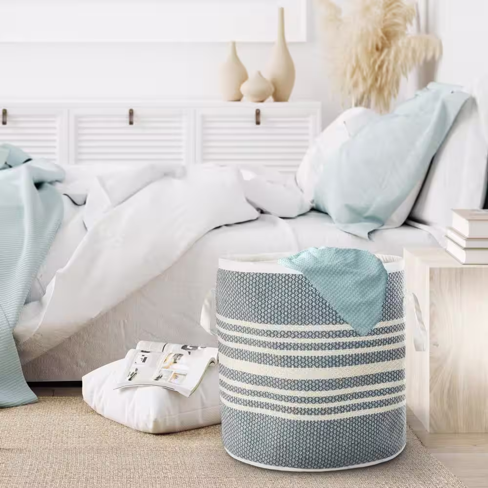 LR Home Valerie Simple Stripe Blue / White Polyester Farmhouse Indoor Outdoor Storage Basket