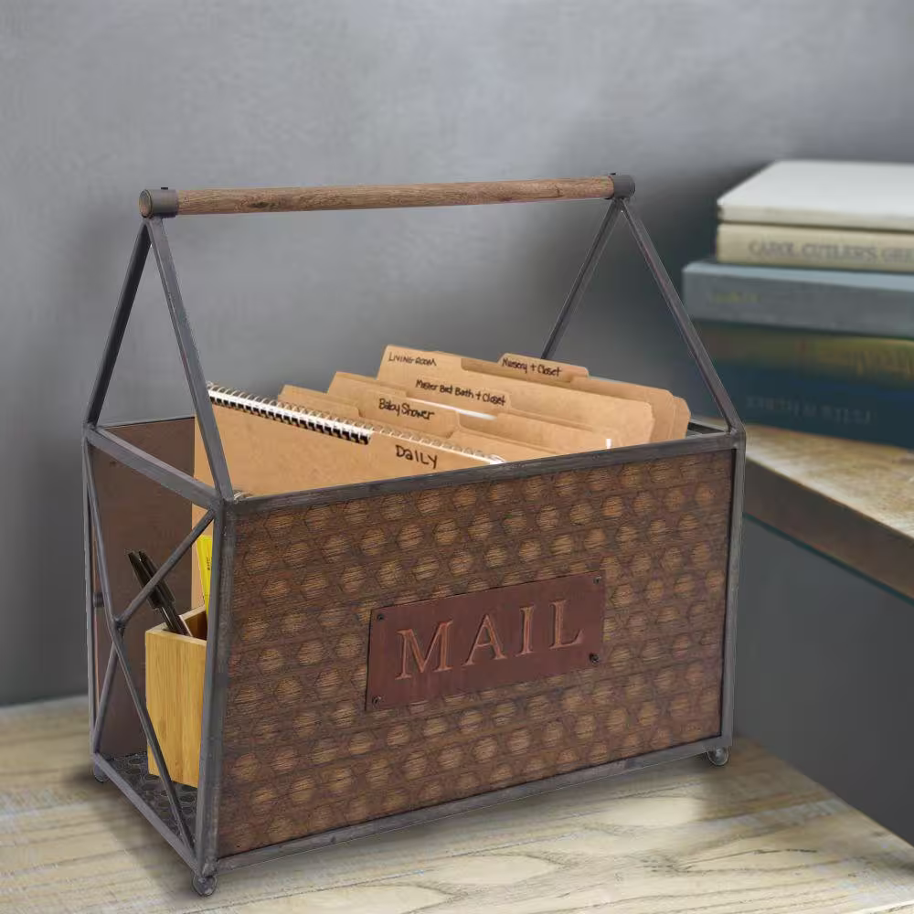 Benjara Brown and Gray with Handle and Typography Rectangular Wood and Metal Frame Basket