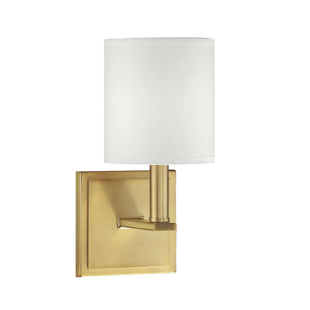 Savoy House Waverly 5 in. W x 11 in. H 1-Light Warm Brass Wall Sconce with White Fabric Cylindrical Shade