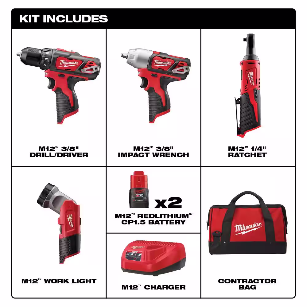 Milwaukee M12 12V Lithium-Ion Cordless Combo Tool Kit (4-Tool) with (2) 1.5 Ah Batteries, (1) Charger, (1) Tool Bag