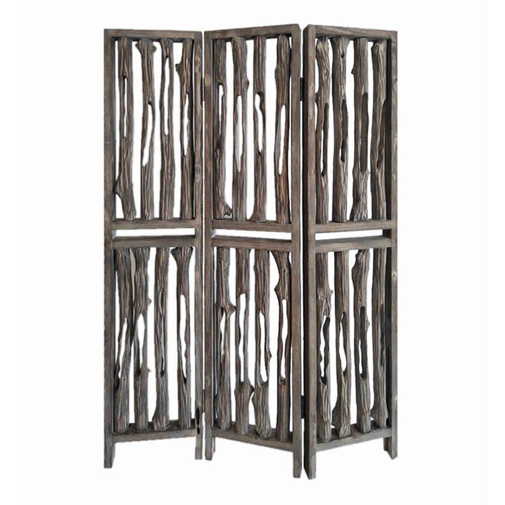 Benjara Brown 3-Panel Wooden Contemporary Screen with Log Design