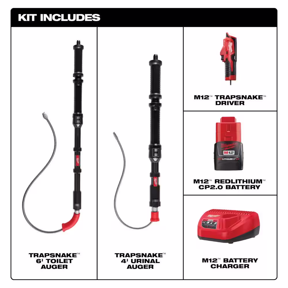 Milwaukee M12 Trap Snake 12V Lithium-Ion Cordless 4 ft. Urinal and 6 ft. Toilet Auger Combo Kit