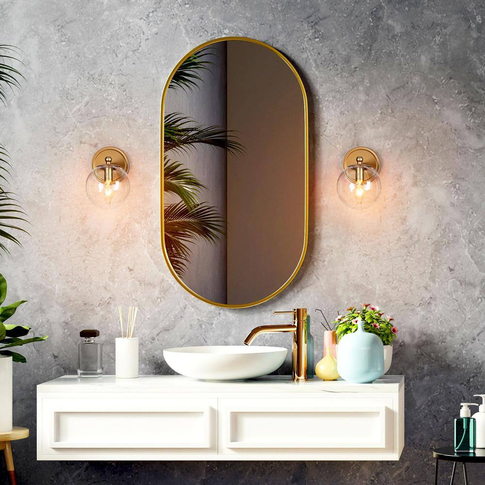 Uolfin Transitional Globe Bathroom Wall Sconce Light 1-Light Brass Gold Powder Room Round Wall Light with Clear Glass Shade