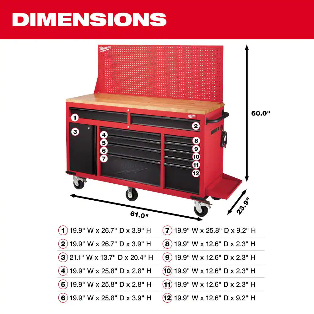 Milwaukee 61 in. 11-Drawer/1-Door 22 in. D Mobile Workbench with Sliding Pegboard Back Wall in Red/Black