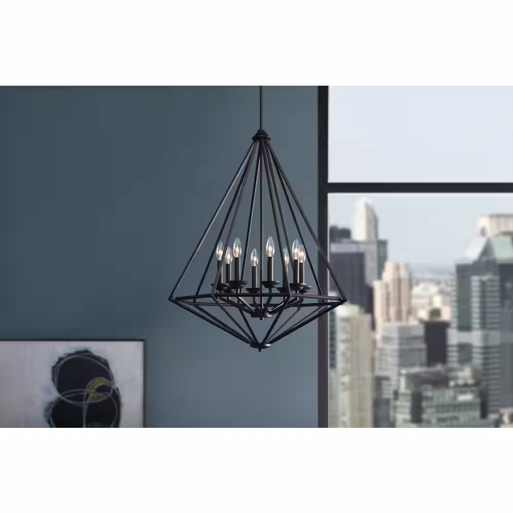 Home Decorators Collection Hubley 8-Light Triangular Black Chandelier Light Fixture with Metal Cage Shade