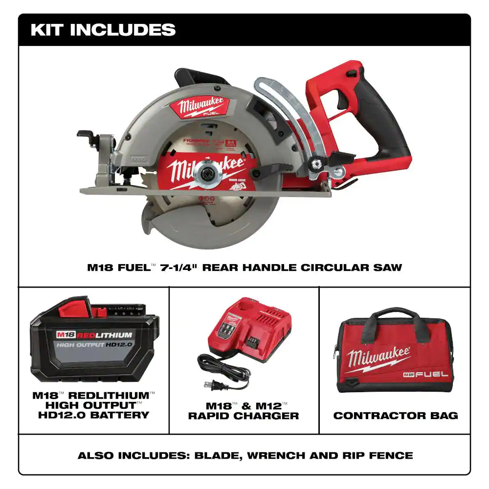 Milwaukee M18 FUEL 18V 7-1/4 in. Lithium-Ion Cordless Rear Handle Circular Saw Kit with 12.0 Ah Battery and Rapid Charger