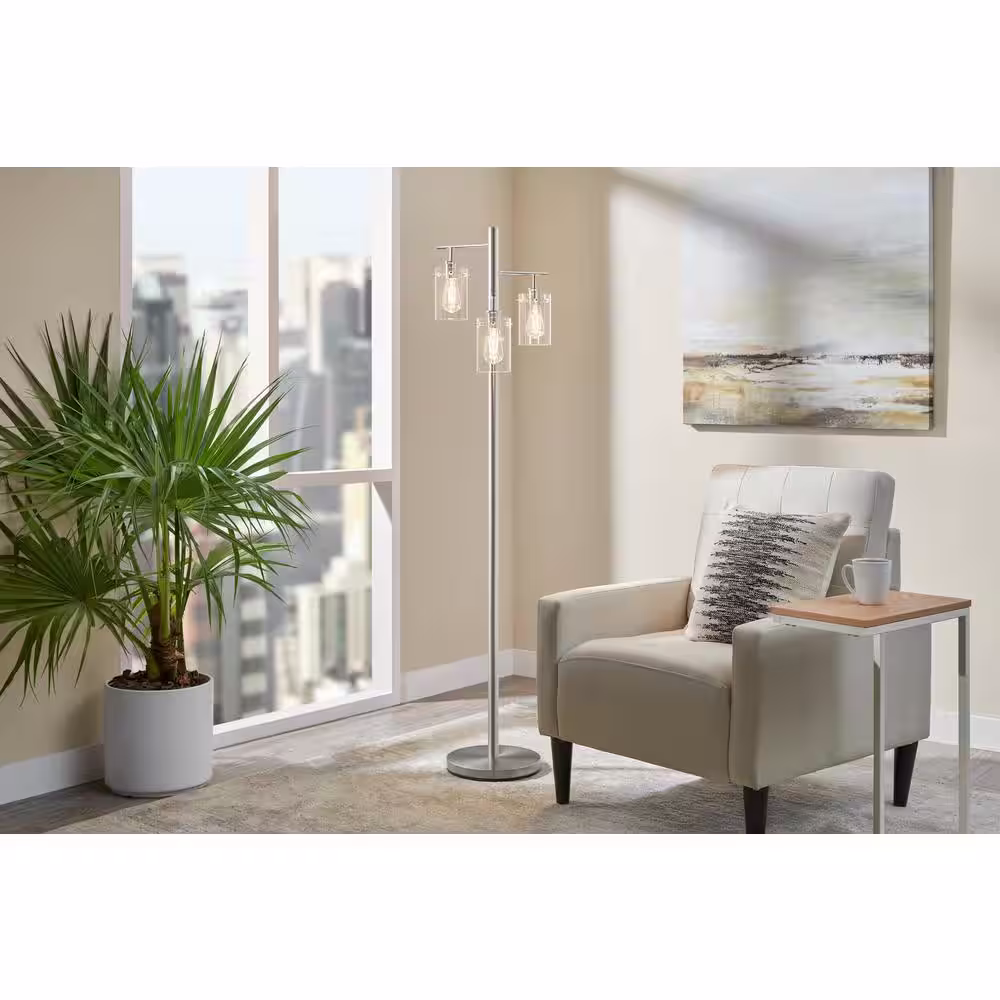 Hampton Bay Regan 63 in. Brushed Nickel Floor Lamp with Clear Glass Shades