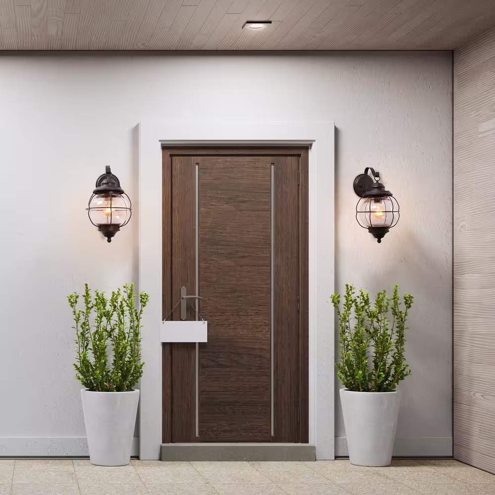 LNC 1-Light Bronze Industrial Farmhouse Wall Sconce Coastal Interior/Exterior Wall Sconce with Caged Seeded Glass Shade